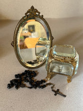 Load image into Gallery viewer, Antique French jewellery box, silver rosary bead cross and mirror