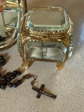 Load image into Gallery viewer, Antique French jewellery box, silver rosary bead cross and mirror