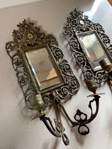 Pair Bronze Mirror Candle Sconces